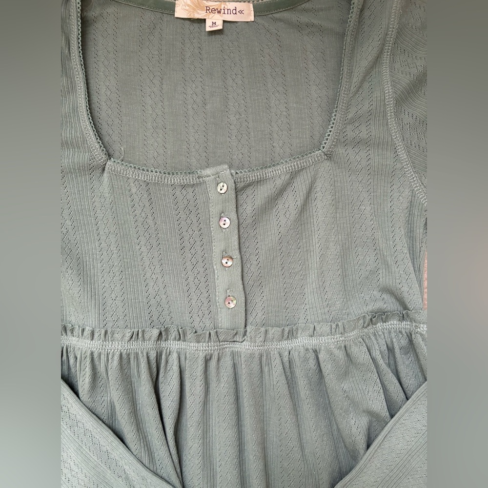 NWT BABYDOLL TOP LONG SLEEVE GREEN BLOUSE BUTTON Y2K COQUETTE COTTAGECORE M - Picture 3 of 7